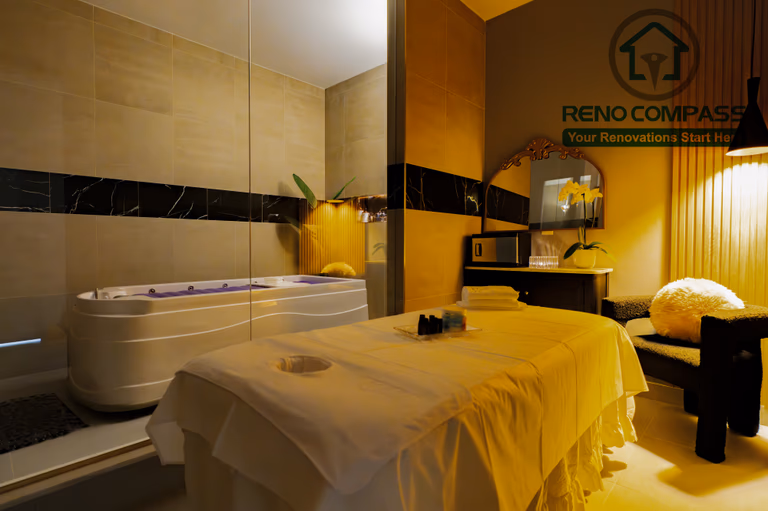 Spa treatment room completed as part of a North York beauty salon renovation. This space features professional spa equipment, glass partitioning, soft ambient lighting, and clean, moisture-resistant wall finishes. The layout is designed to support hygiene standards, client privacy, and a calm treatment environment, delivered by a professional Toronto renovation company.
