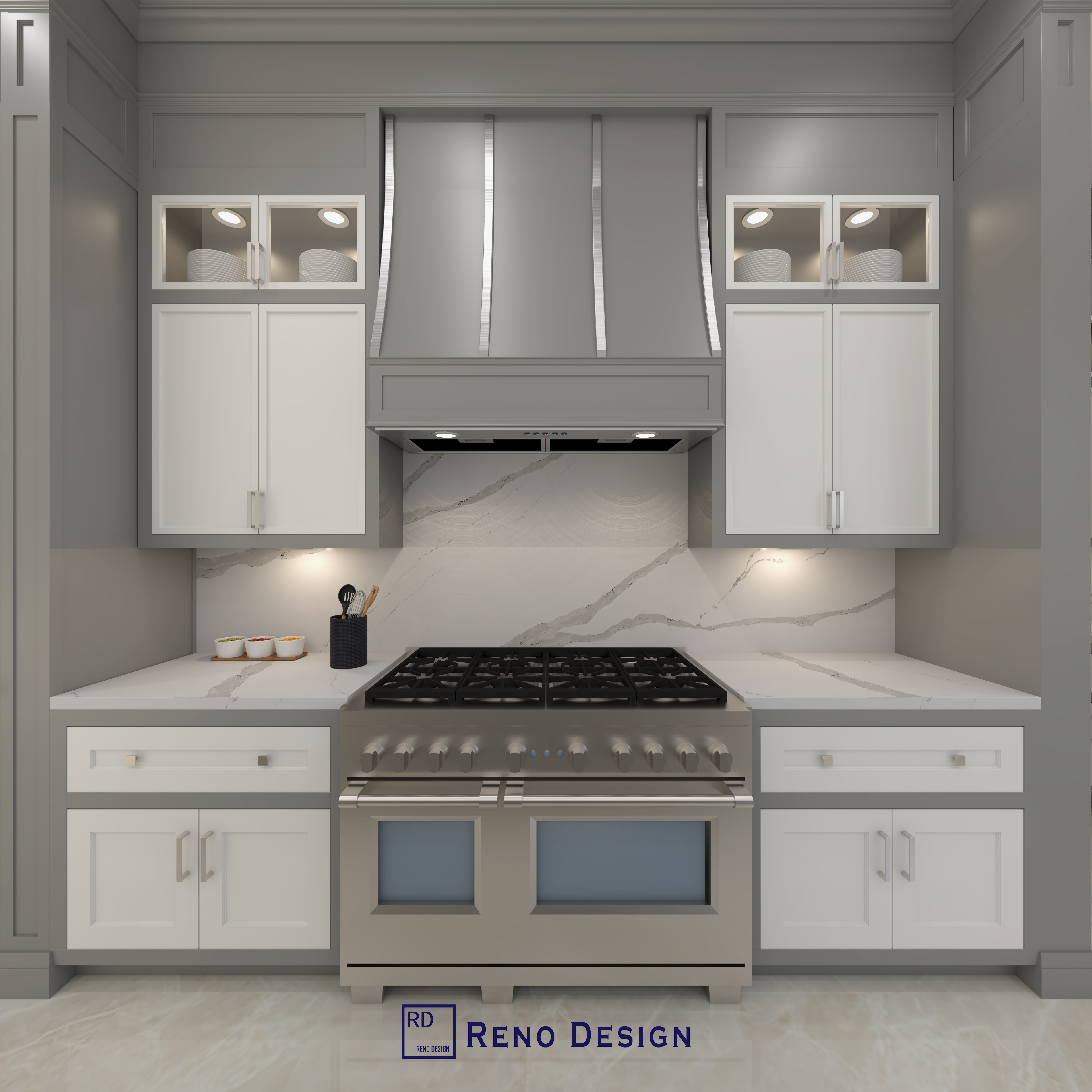 This Toronto traditional style kitchen features custom white cabinetry, a classic built-in range hood, and a seamless marble backsplash. The design combines timeless elegance with modern functionality, including integrated storage, soft lighting, and a professional-grade gas stove, creating a refined and practical cooking space by a Toronto Renovation Company.