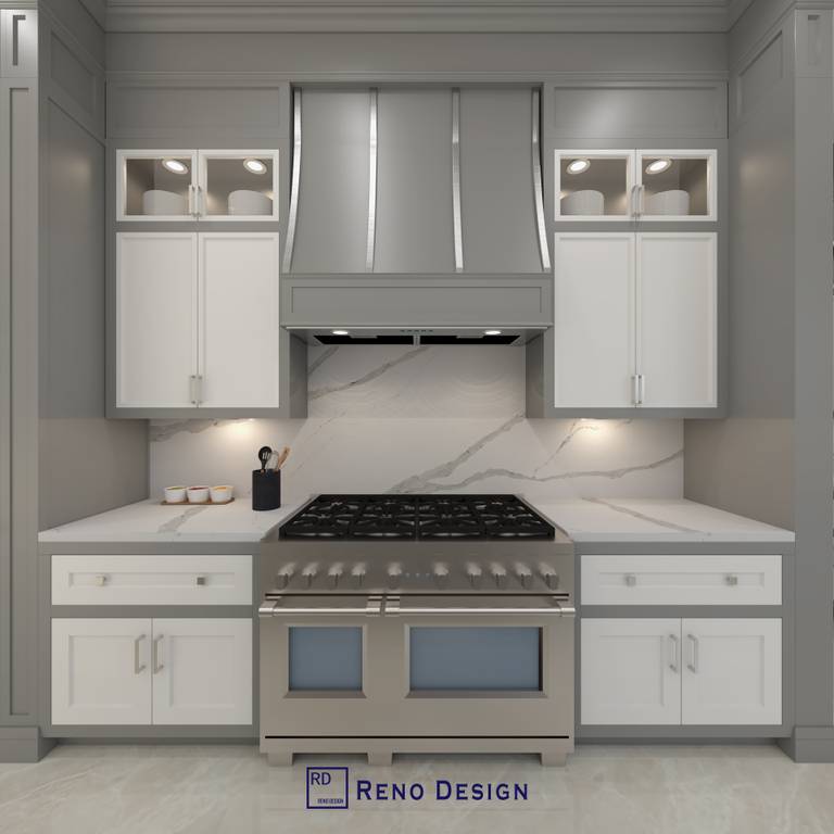This Toronto traditional style kitchen features custom white cabinetry, a classic built-in range hood, and a seamless marble backsplash. The design combines timeless elegance with modern functionality, including integrated storage, soft lighting, and a professional-grade gas stove, creating a refined and practical cooking space by a Toronto Renovation Company.