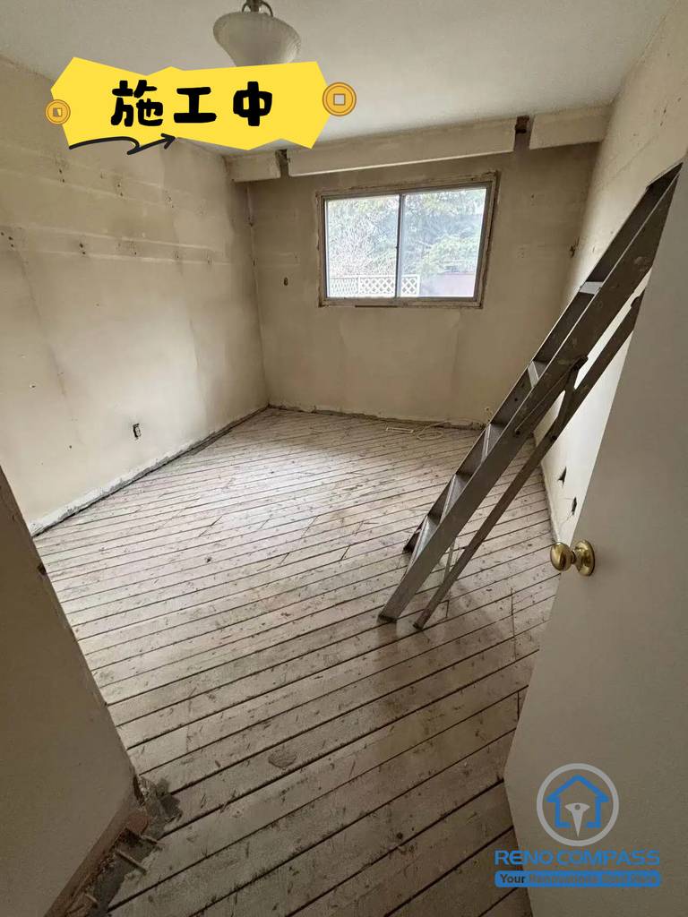 This photo captures the bedroom during the demolition phase of a whole house renovation in North York. Existing finishes were removed to prepare for new flooring, walls, electrical upgrades, and modern interior finishes. Reno Compass managed the renovation from demolition through final completion, ensuring quality craftsmanship at every stage.