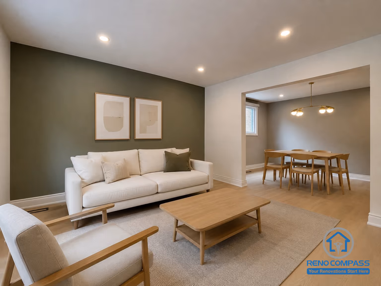 This open-concept living and dining room was completed as part of a whole house renovation in North York. Featuring a warm neutral palette, an olive green accent wall, Scandinavian-inspired furniture, and abundant natural light, the space creates a comfortable, functional, and timeless setting for everyday living and entertaining.