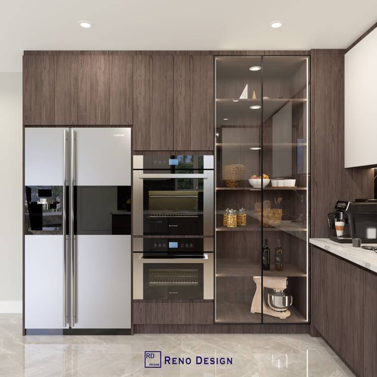 This Toronto modern kitchen design features full-height dark wood cabinetry with integrated stainless steel appliances for a seamless, custom-built look. The sleek built-in oven and refrigerator enhance functionality while maintaining a clean, minimalist aesthetic. A glass display cabinet with interior lighting adds depth and sophistication, offering both practical storage and elegant presentation. Designed for contemporary Toronto homes, this kitchen combines luxury finishes with smart space planning for a refined and efficient cooking environment.