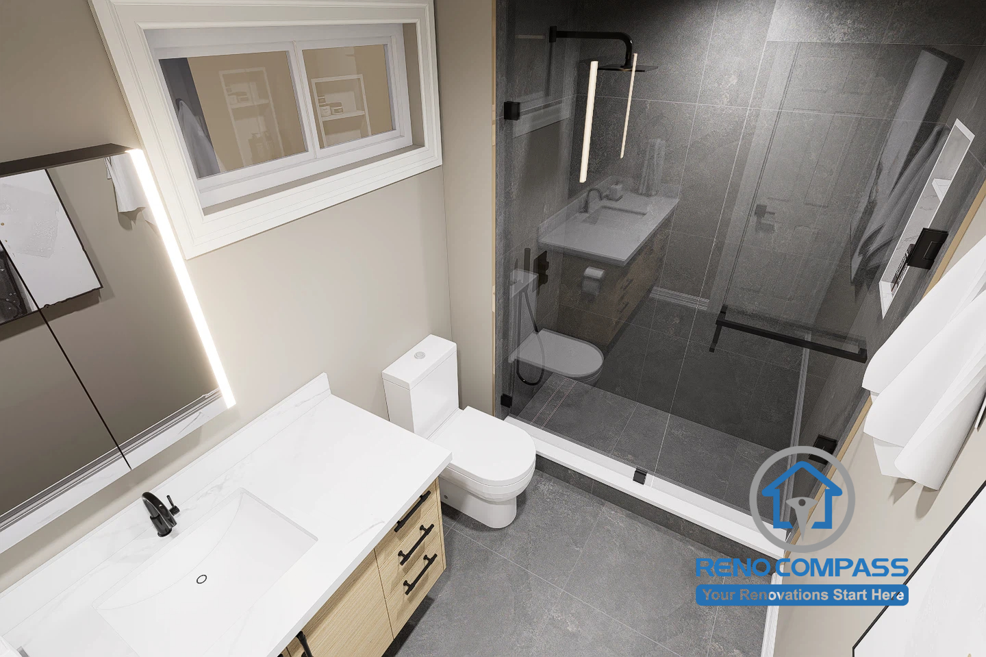 Bird's-eye view of a modern bathroom renovation featuring a custom wood vanity, white quartz countertop, frameless glass walk-in shower, matte black fixtures, premium porcelain tile, and a functional layout. Expertly designed and built by Reno Compass in the Greater Toronto Area.
