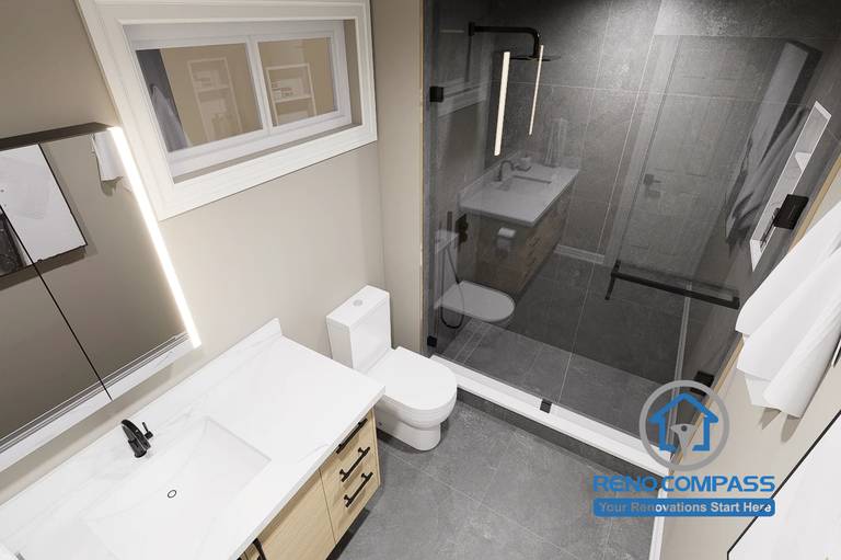 Bird's-eye view of a modern bathroom renovation featuring a custom wood vanity, white quartz countertop, frameless glass walk-in shower, matte black fixtures, premium porcelain tile, and a functional layout. Expertly designed and built by Reno Compass in the Greater Toronto Area.