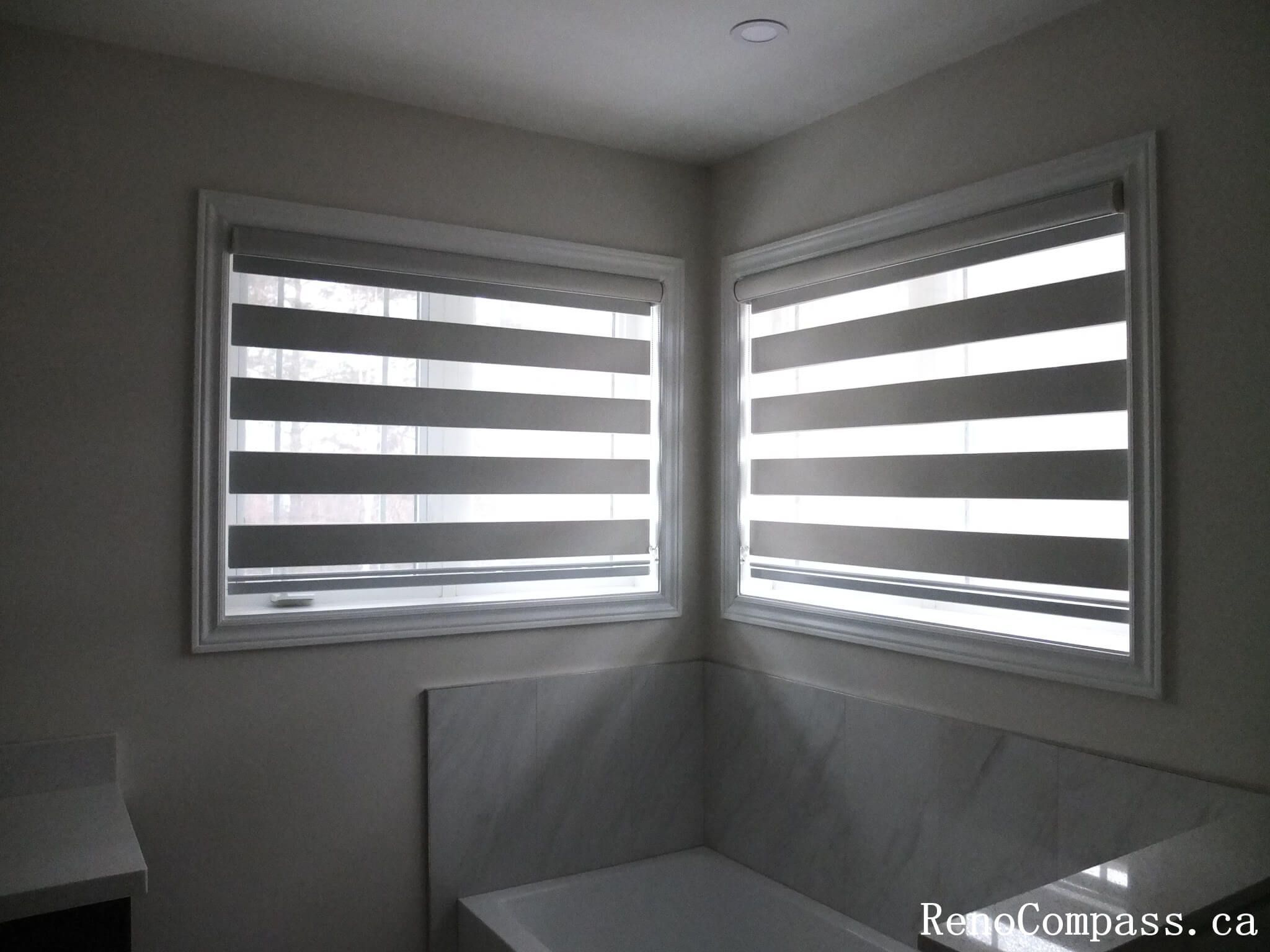 Custom zebra blinds curtains installation completed in Richmond Hill, featuring modern dual-layer window shades that provide privacy, light control, and a clean contemporary look. This professional window treatment upgrade enhances interior comfort and style, perfectly suited for modern home renovations by a trusted Toronto renovation company.