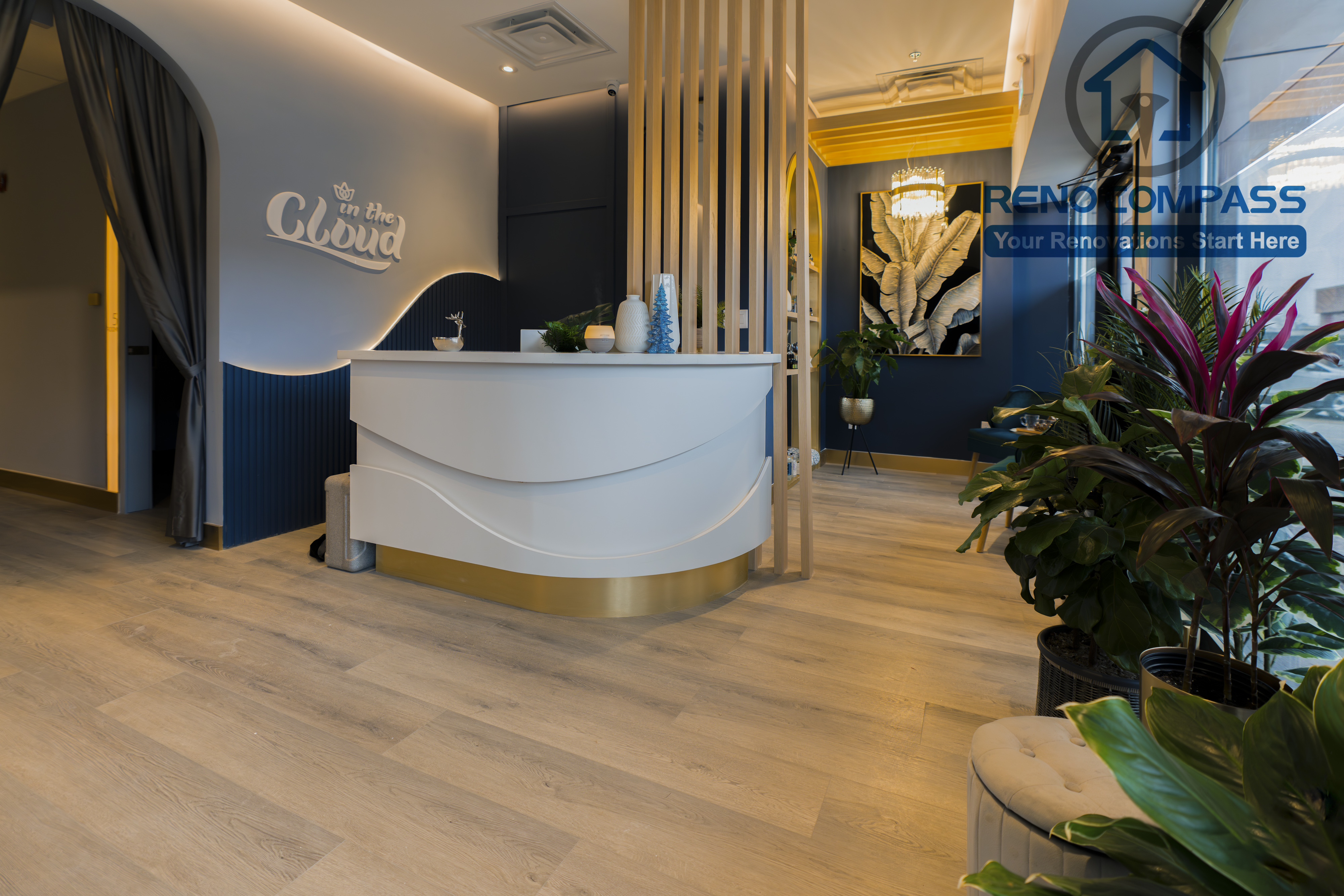 Reception area completed as part of a North York beauty salon renovation. This space features a clean layout, warm lighting, and modern finishes designed to create a welcoming first impression for clients. Built by a professional Toronto renovation company with a focus on commercial functionality and visual comfort.