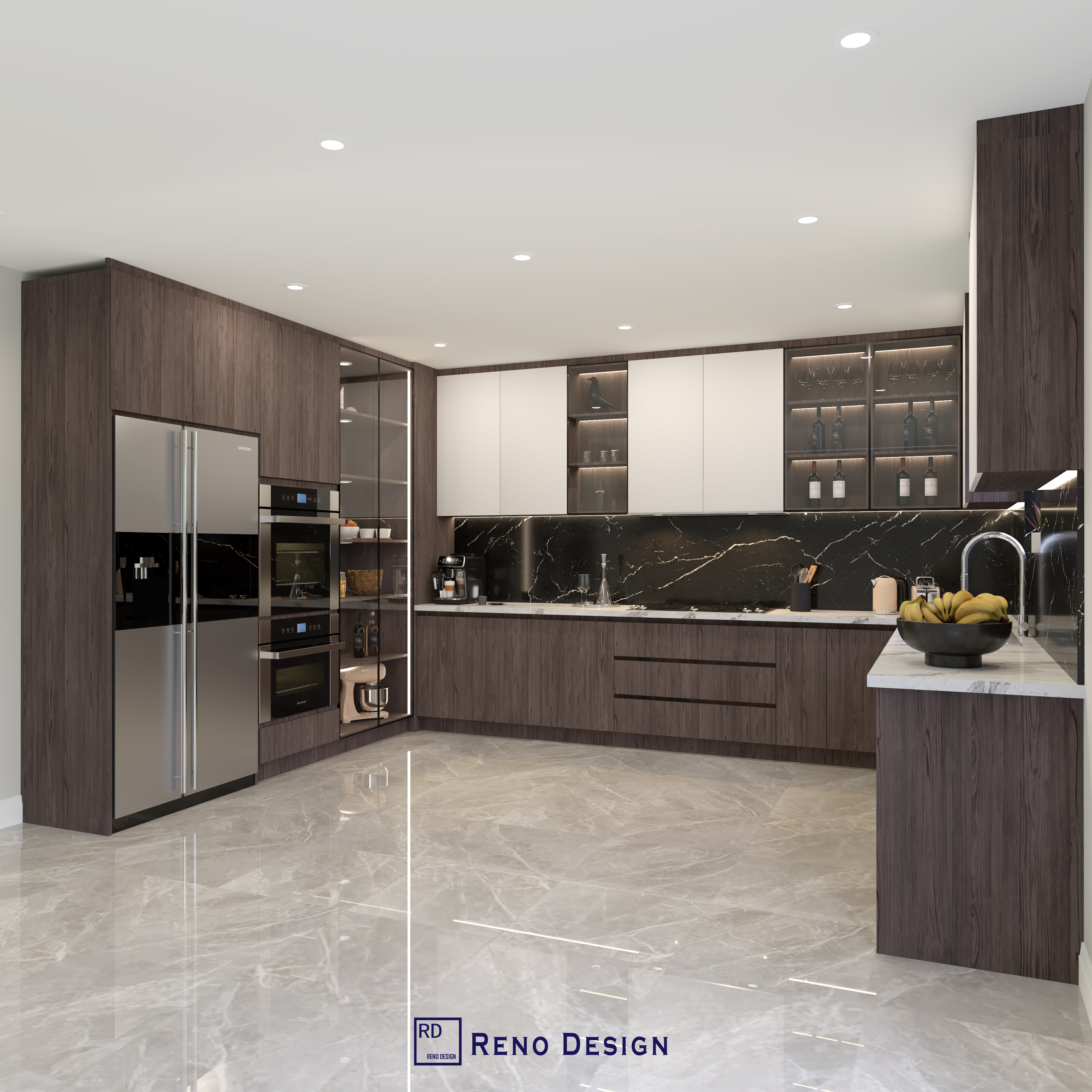This Toronto contemporary kitchen renovation highlights a refined two-tone cabinet design featuring rich dark wood base cabinets and clean white upper cabinetry. The dramatic black marble backsplash adds contrast and depth, while built-in appliances and recessed lighting enhance both functionality and elegance. The open layout maximizes space and flow, making this modern kitchen design a perfect blend of luxury, comfort, and everyday practicality for Toronto homeowners.