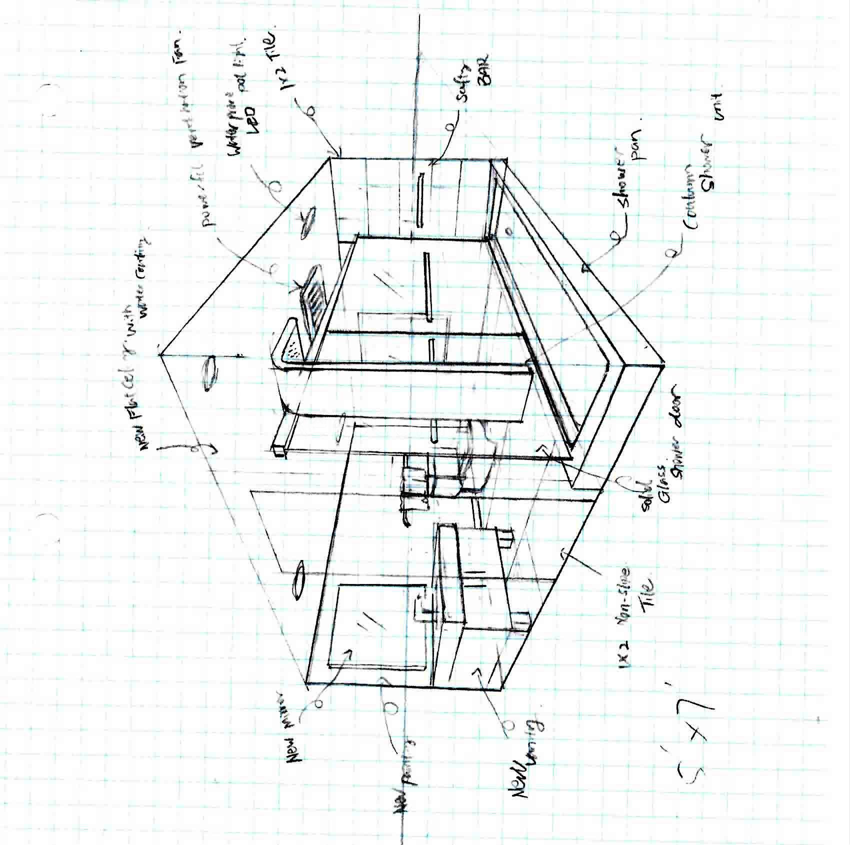 A hand-drawn interior design and renovation planning sketch for a Toronto residential project, illustrating space layout, cabinetry, fixtures, and construction details. This drawing reflects the professional design process and thoughtful planning behind a full Toronto interior renovation project.